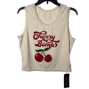 Cherry Bomb Tank Off White Lace Edge Ribbed Cropped XL NEW Romwe